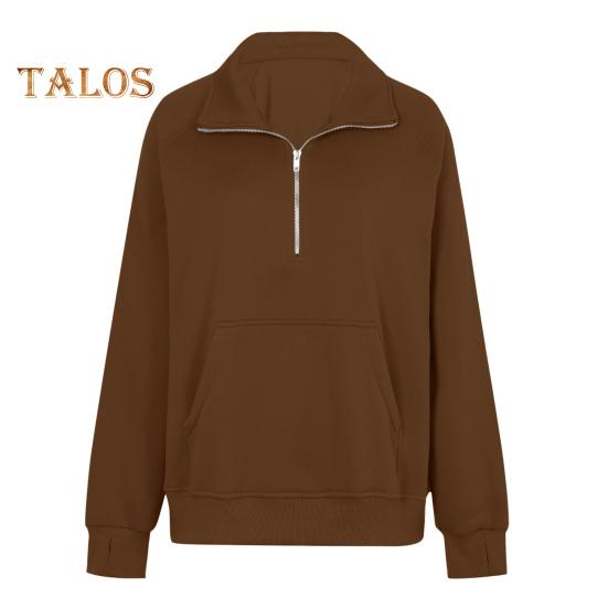 Женская толстовка осень-зима с застежкой-молнией на лацкане, с длинным рукавом и передним карманом, пуловер, однотонный свободный спортивный свитшот