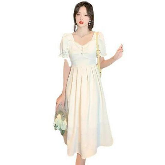 Платье А-силуэта в стиле богини: Женская летняя юбка средней длины с корейским квадратным воротником и пуговицами