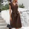 Women's Fashion Summer Spring Solid Color Print Short Sleeve V-Neck High Waist Casual Dresses