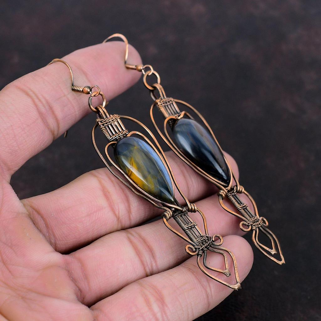 Серьги Pietersite, медные серьги с проволочной обмоткой, висячие серьги, медные украшения, серьги ручной работы с настоящим драгоценным камнем, абсолютно новые серьги в подарок маме