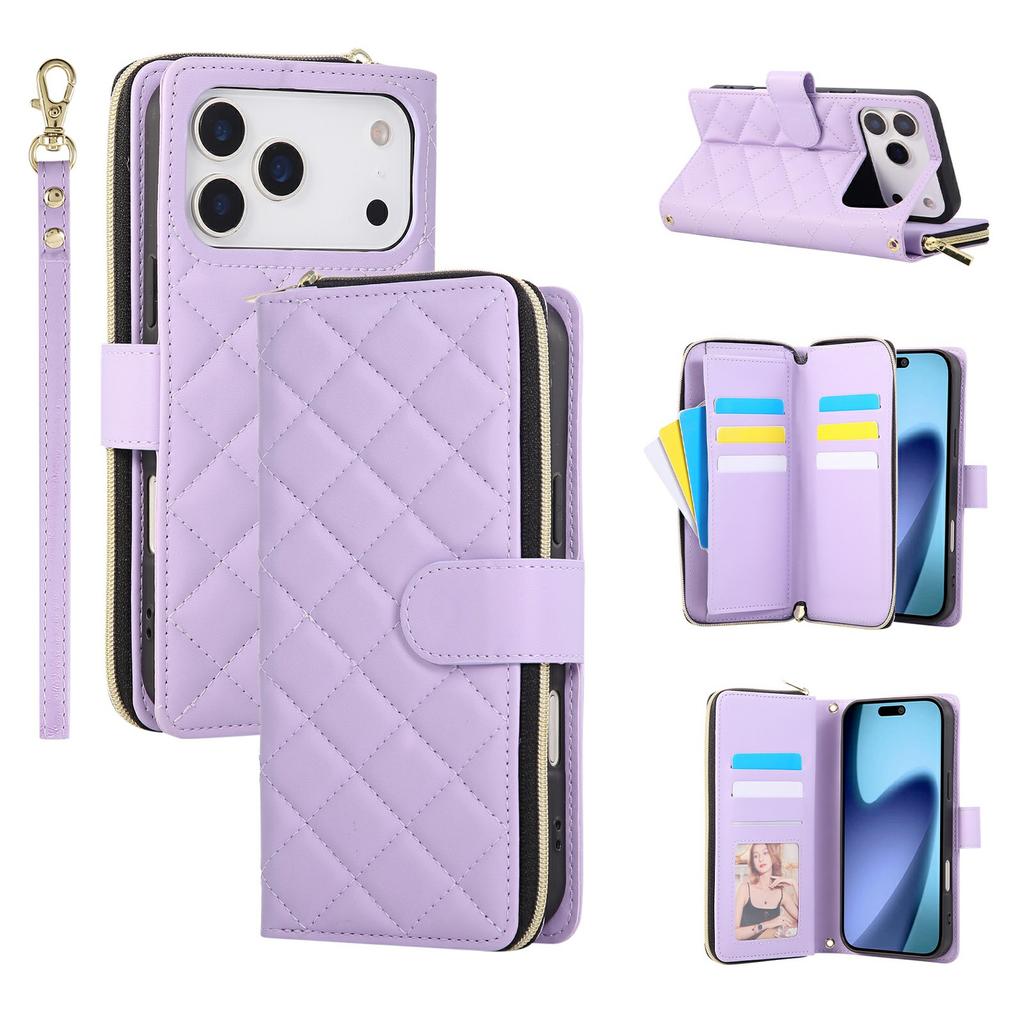 For iPhone 17 Pro Max Case Zipper Wallet Rhombus PU Leather Crossbody Phone Cover