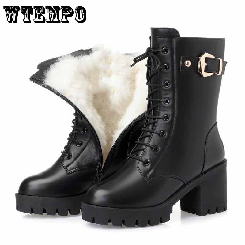 Boots Women Shoes Autumn Winter Fur Snow Boots Fashion Round Toe Lace-up Leather Boots Ladies Shoes