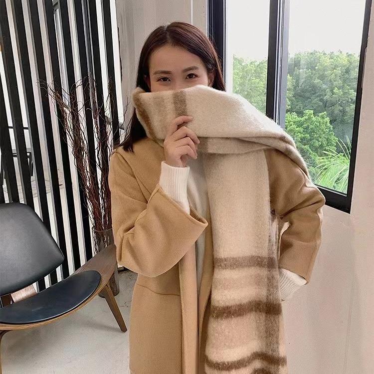 Winter Thickened Mohair Scarf for Women Rainbow Plaid Tassel Shawl Student Versatile Warm Scarf Trendy and Warm