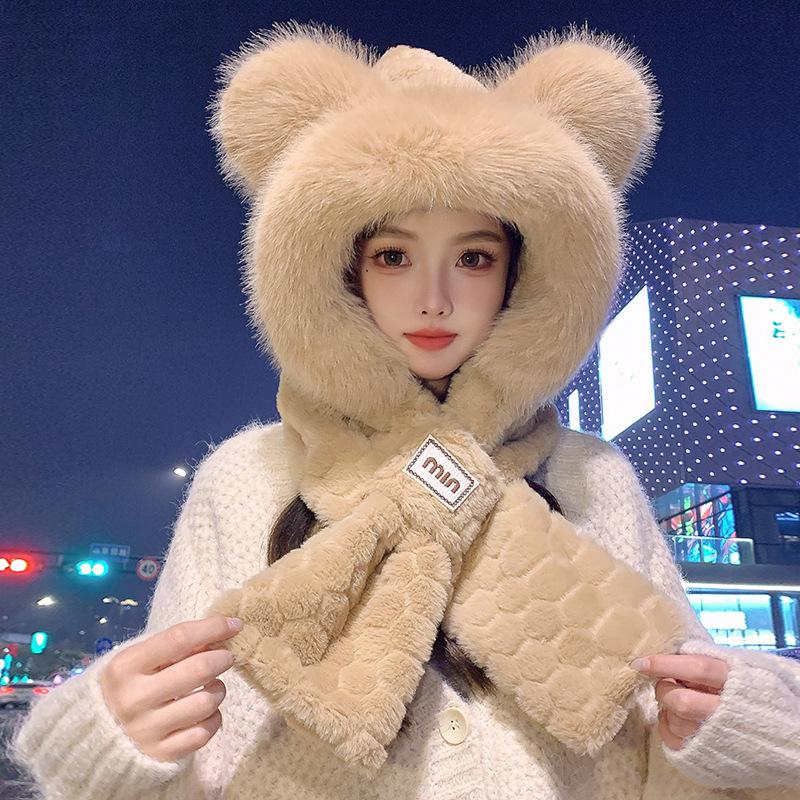 Ladies' Teddy Bear Hat, Scarf Integrated, Cold Resistant
