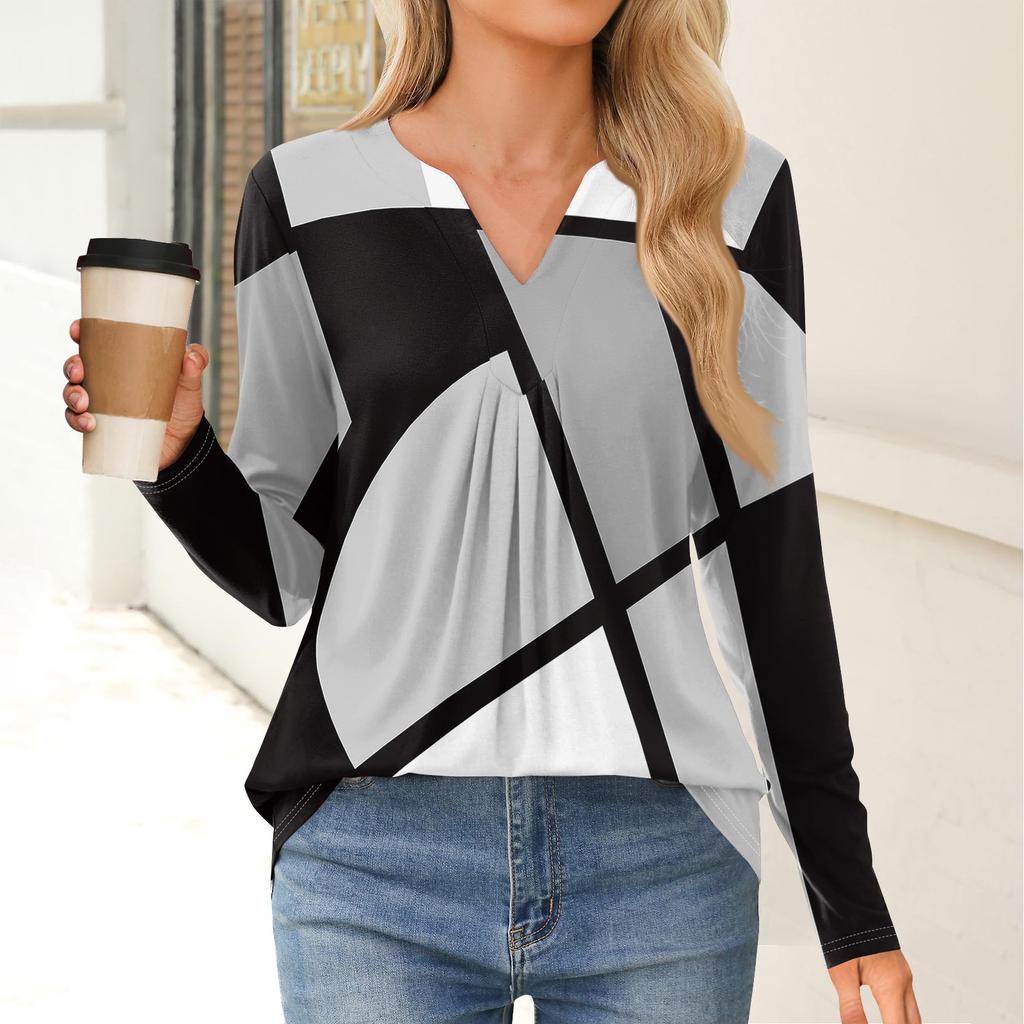 Women's Fashion Casual Long Sleeve Shirt Geometry Printed V Neck Up Tops