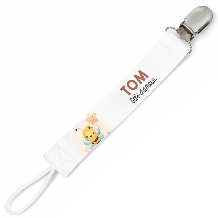 Planetee Attache tétine pour prénom TOM bébé d'amour abeille garçon | Attache sucette cadeau naissance