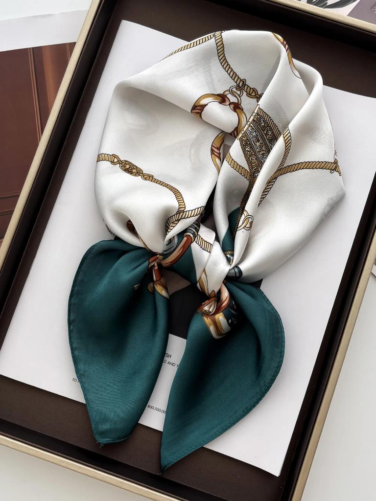 Luxury Ink Charm Landscape Print Shawl Square Scarf for Women Satin Neckerchief Female Hair Bands Ribbon Headband Bandana