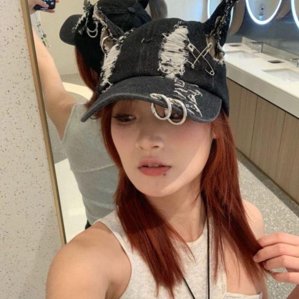 Y2K Chains Doberman Ears Hat Rabbit Bunny Ears Snapback Cap Ripped Denim Baseball Cap Girl