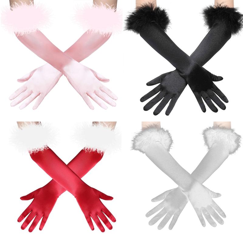 Fluffy Cuff Long Sleeve Gloves Banquet Dress Gloves Solid Color Warm Polyester Elastic Autumn Winter Driving Glove