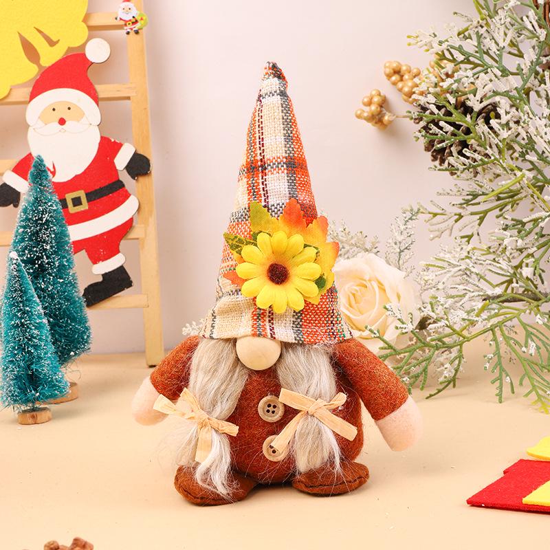 Thanksgiving Gnome Figurine with Sunflower, Maple Leaf, and No-Face Doll Design