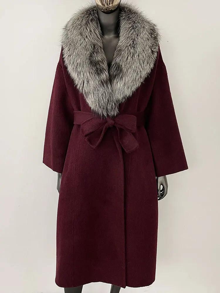 OFTBUY Натуральная шуба 2024 года, женская верхняя одежда больших размеров, зимняя женская куртка с воротником из натурального меха лисы и капюшоном, пальто из кашемировой шерсти