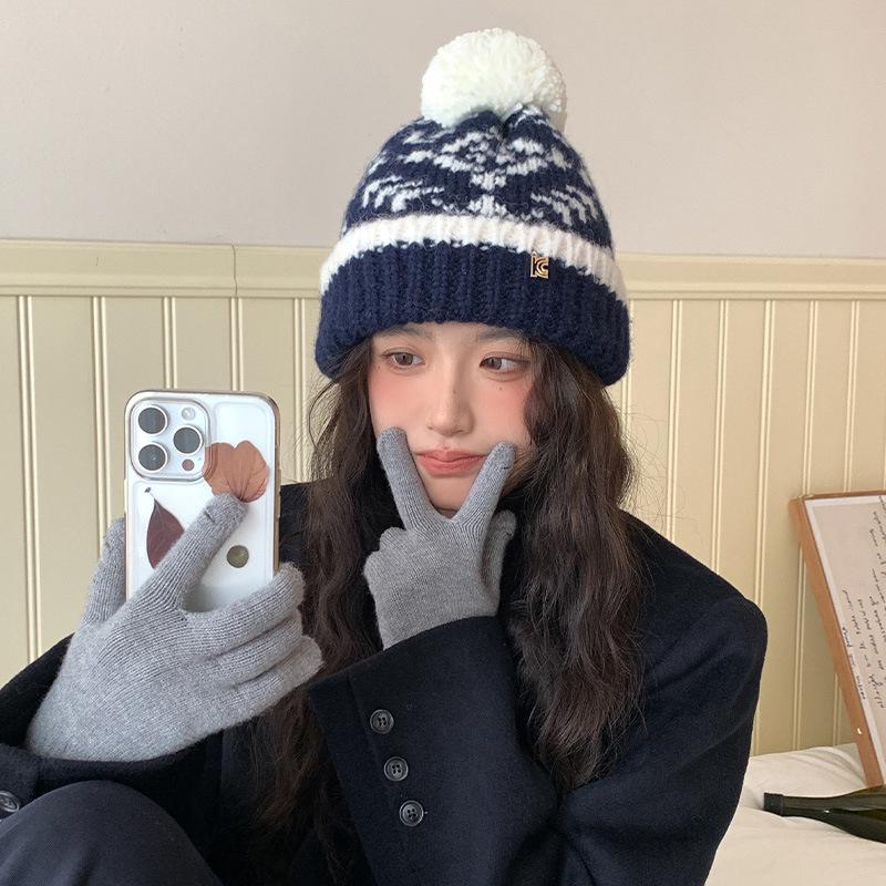 Women's Fair Isle Fur Pom-Pom Wool Hat with Earmuffs - Warm Knitted Winter Hat