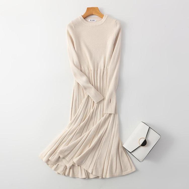A-line Thick Pullover Dress for Autumn Winter Chic Long Ribbed Full Sleeve Party