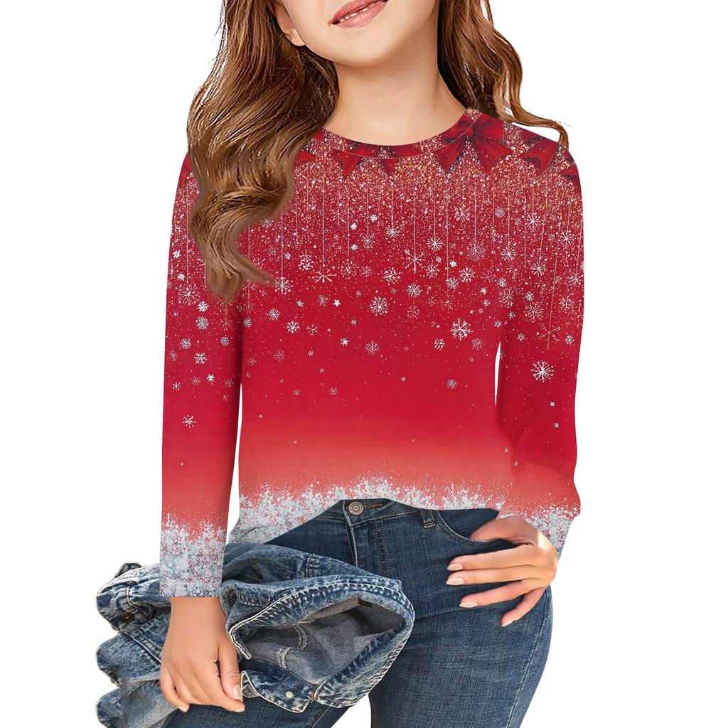 Рождественские футболки с длинным рукавом для девочек, детские осенние топы с круглым вырезом и принтом, базовые футболки