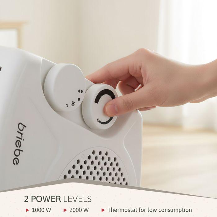 Radiateur Soufflant, Chauffage D'Appoint Électrique Avec Thermostat Réglable Briebe HT1181 2000W Blanc 04933