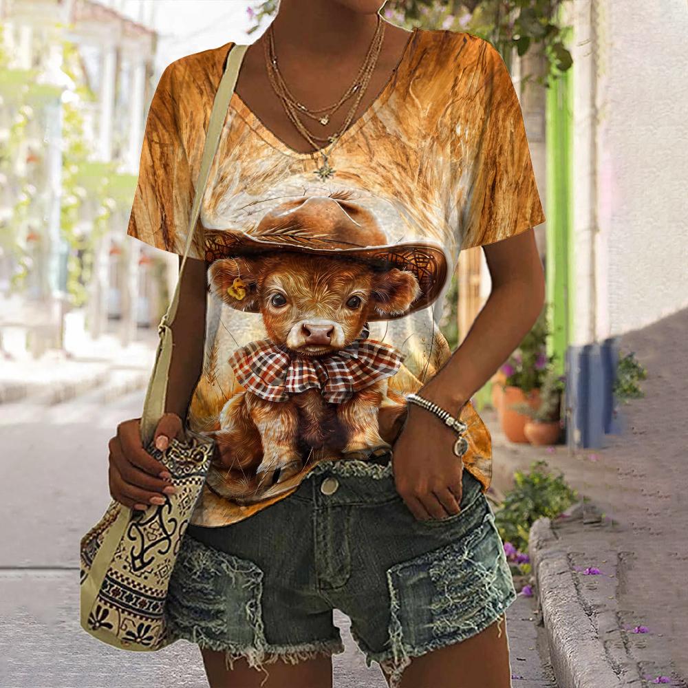 Женская футболка с изображением животных, летняя повседневная футболка с короткими рукавами, милый топ с принтом теленка, уличная мода с 3d принтом, женская одежда в стиле Харадзюку с v-образным вырезом