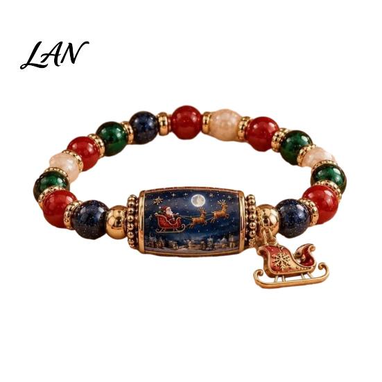 Metal Pendant Bracelets Christmas Story Beaded Bracelet, Bracelet with Santa Reindeer Snowman House Candy Women Cane Tree Pattern, Elastic Colorful