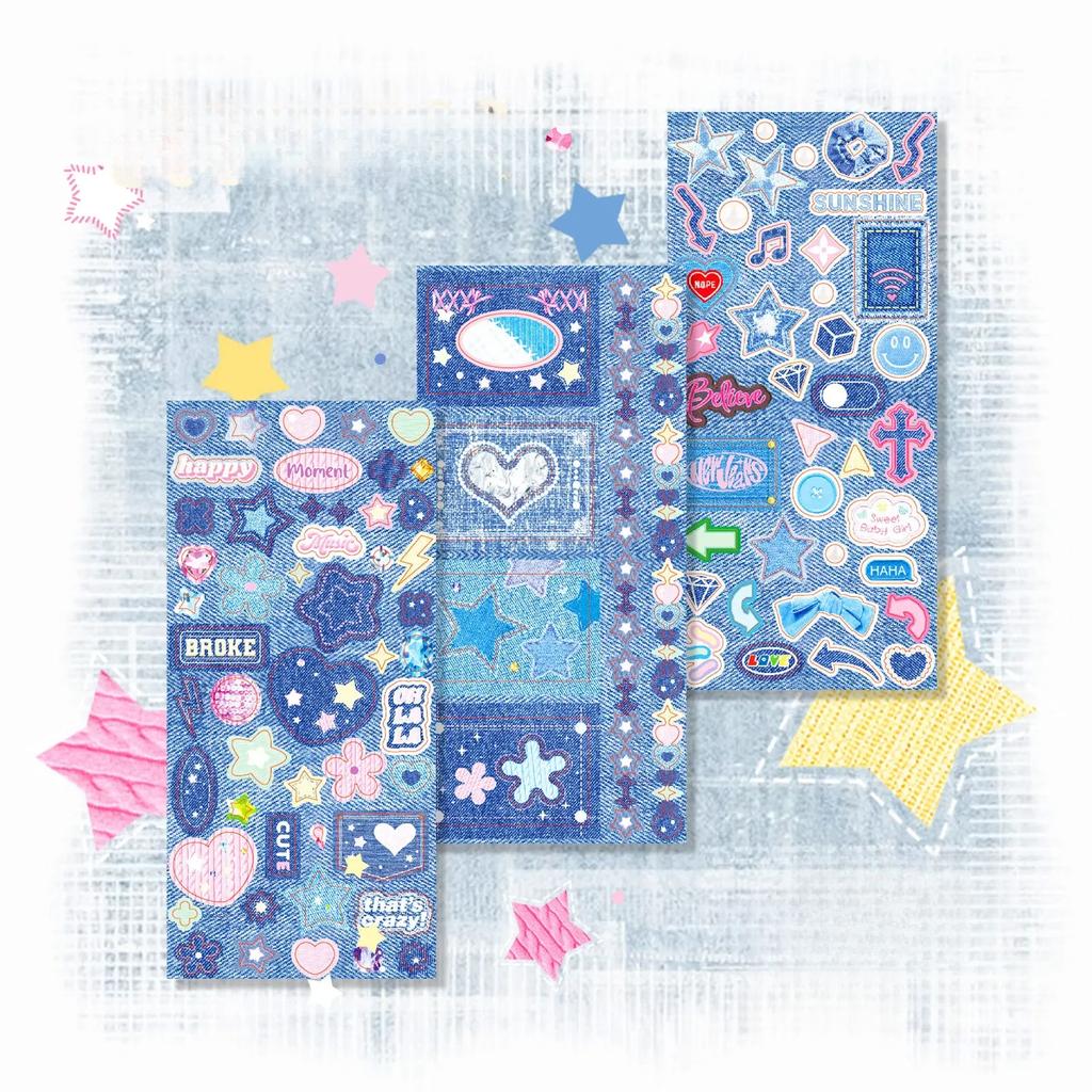 3 шт. Y2K винтажные джинсовые милые блестящие наклейки из материала Blingbling Kawaii Girl Scrapbook Notebook Kpop фотокарта DIY Decor