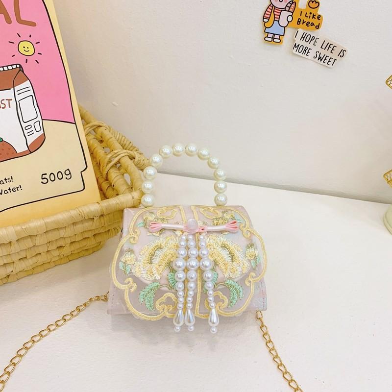 Stylish Retro Children's Shoulder Bag With Breathable Design And Beautiful Beaded Chain For Daily Use