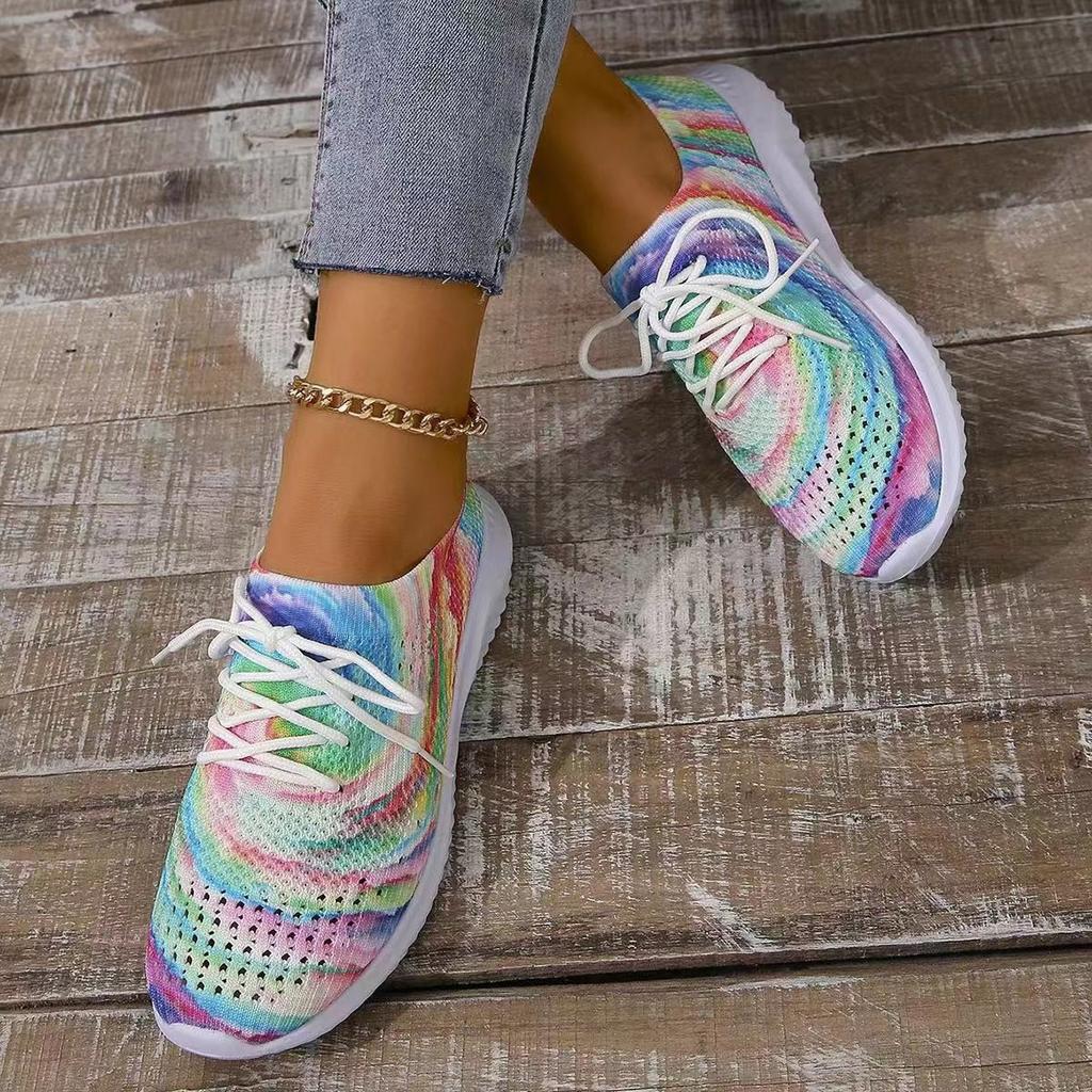 Женская повседневная обувь с сеткой Flyknit, новая спортивная обувь большого размера на толстой подошве с цветными блоками и круглым носком на шнуровке