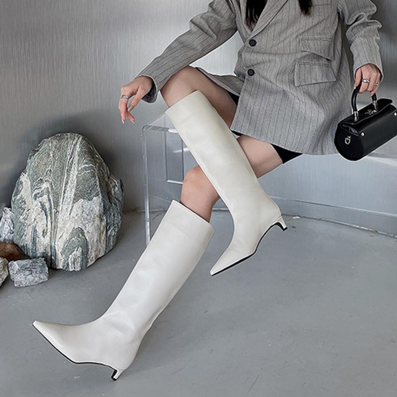 Модные женские сапоги до колена, дизайнерская мода, остроносые кожаные туфли, новый тренд, для ходьбы, платье, элегантные, мотоциклетные, botas mujer