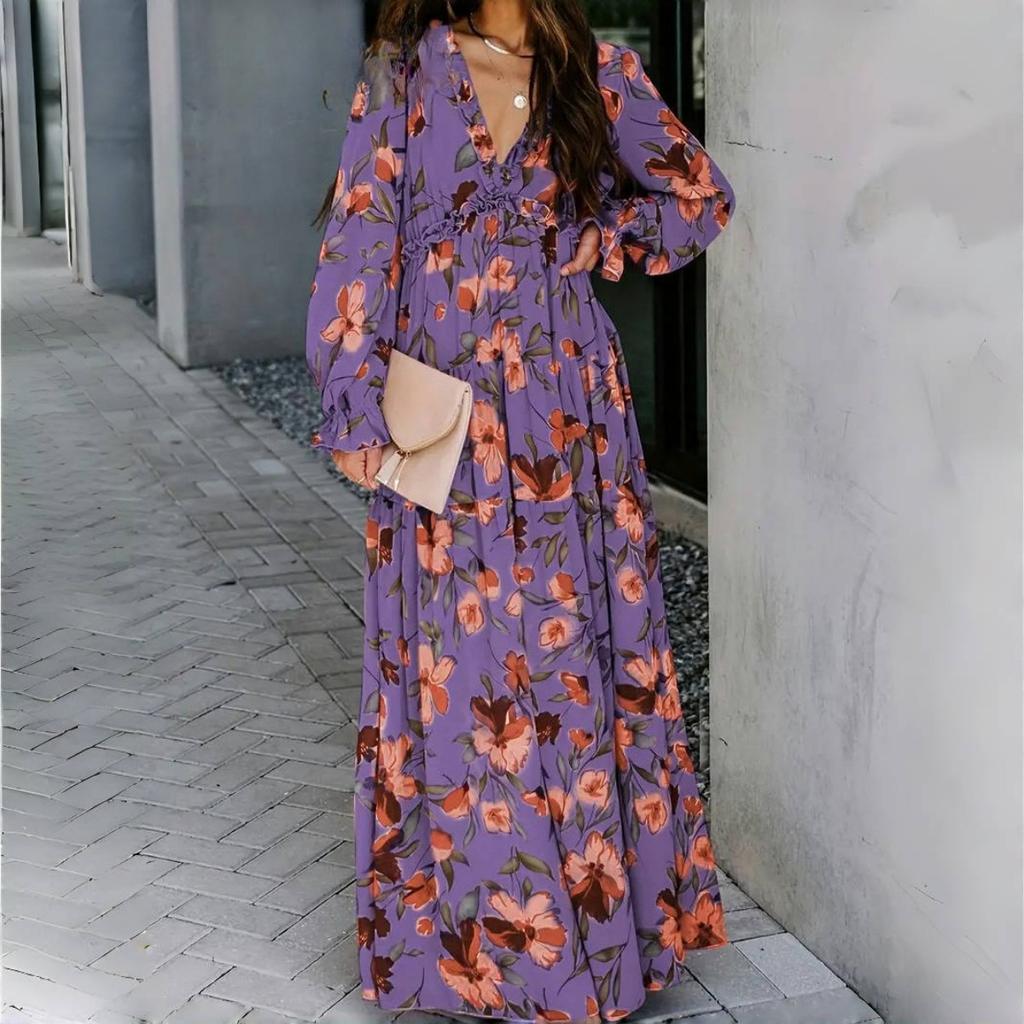 Элегантные Свободные Платья Макси с Принтом Весна Женские V-образный Вырез Пуловер Длинные Рукава Платье Высокая Талия Повседневное Платье Длины до Щиколотки