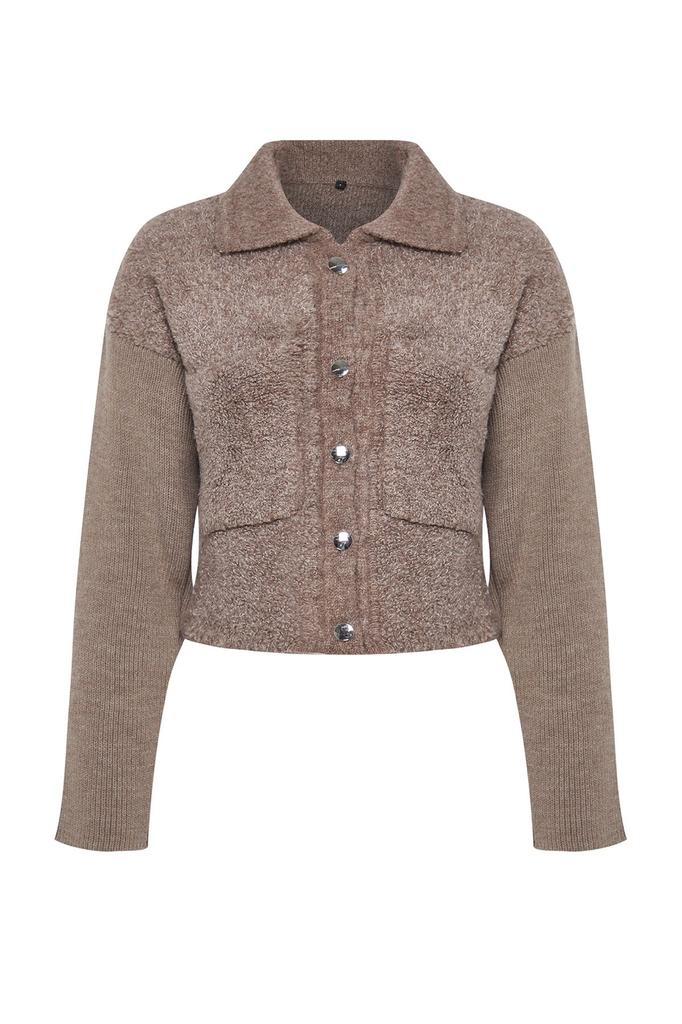 Женский модный стильный кардиган, норковый кардиган оверсайз, широкий крой, пальто с воротником-поло из букле, трикотаж, кардиган