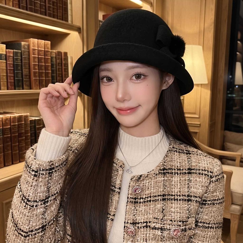 Ladies retro woolen woolen basin hat, bow hairball decorative curling top hat, autumn and winter warm bucket hat