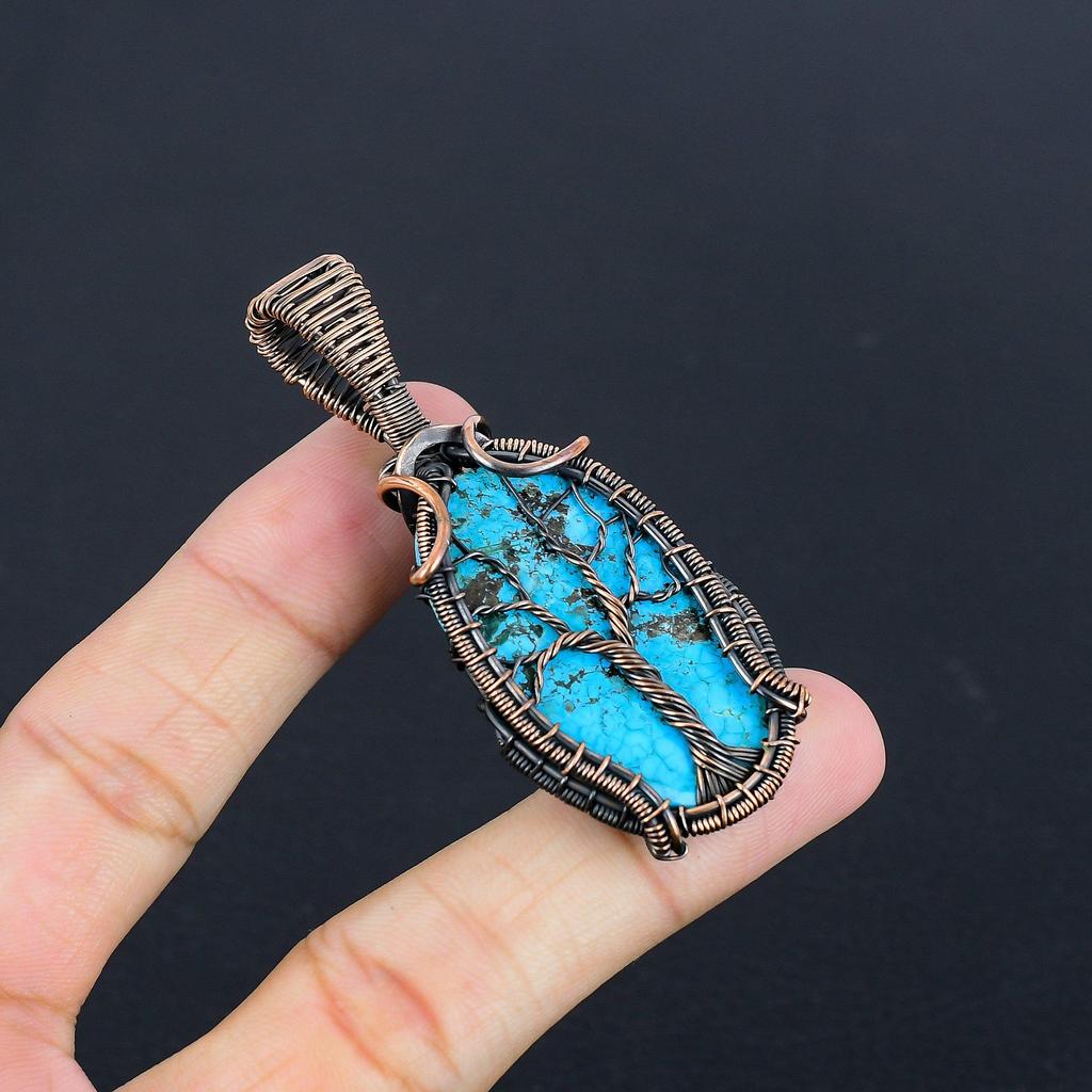 Tibetan Turquoise Pendant, 999 Copper Wire Wrapped Gemstone Jewelry, Handmade Pendant, For Thanksgiving