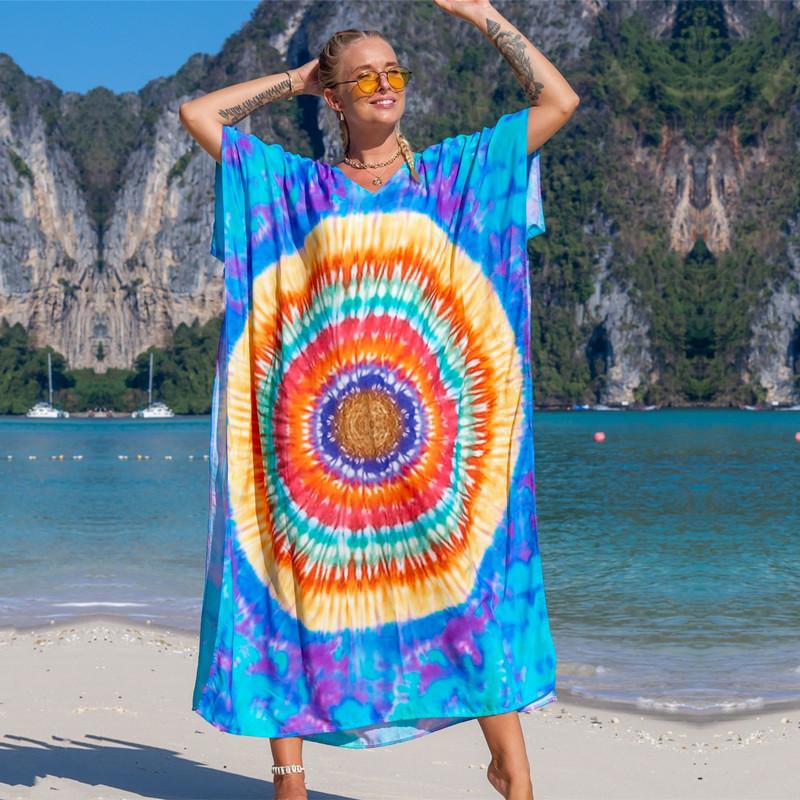 2022 Разноцветный кафтан с богемным принтом и v-образным вырезом, рукавами «летучая мышь», уличная одежда, платье макси, женская пляжная одежда, купальный костюм, накидка Q1342