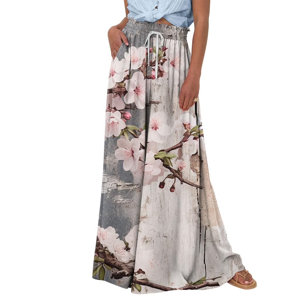 Женские широкие брюки с высокой талией, летние повседневные струящиеся брюки-палаццо, пляжные брюки с цветочным принтом и карманом