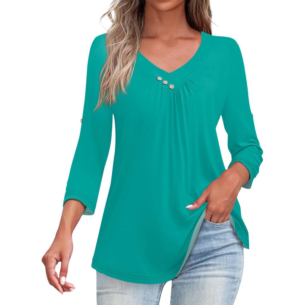 Shirts For Women Trendy V Neck Button T Shirts Casual Solid Color Summer Tees T Shirt Blouse Three Quarter Sleeve Tops For Women