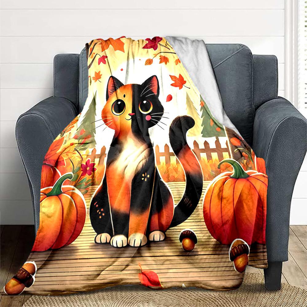1pc Autumn Cat Print Blanket - Lightweight Flannel Throw Blanket For Sofa, Bed, Living Room, Office, Outdoor Travel, Camping, Soft All-Season103