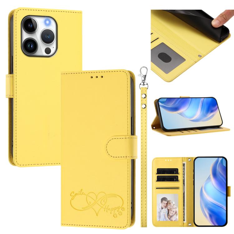 Happy Heart Pattern Magnetic Closure Vegan Leather Phone Case With Wrist Strap For iPhone Shockproof Protective Cover