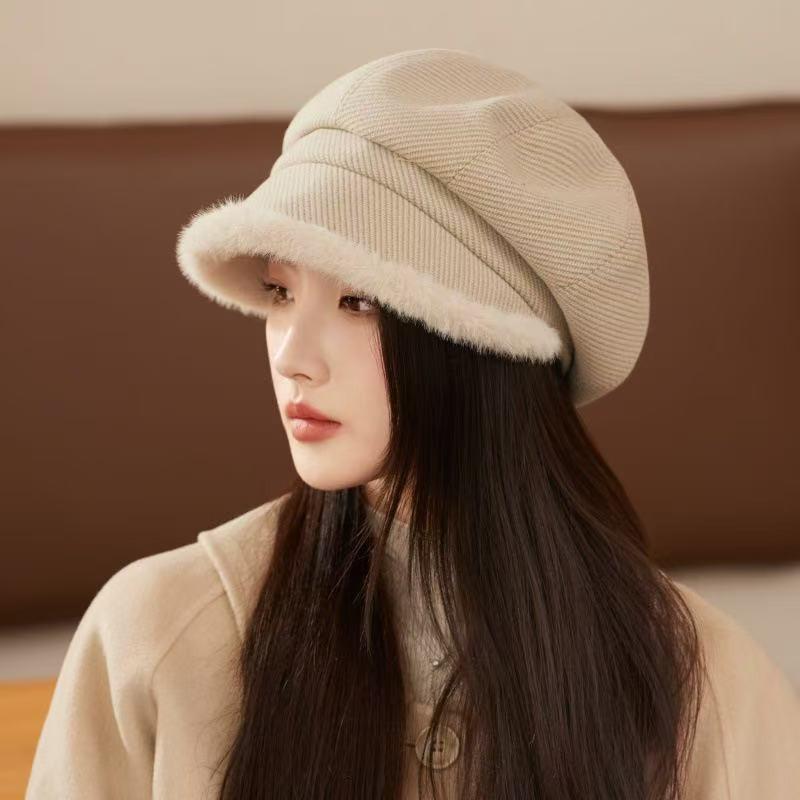 Womens Plush Trim Octagonal Hat Fashion Artist Painter Cap Winter