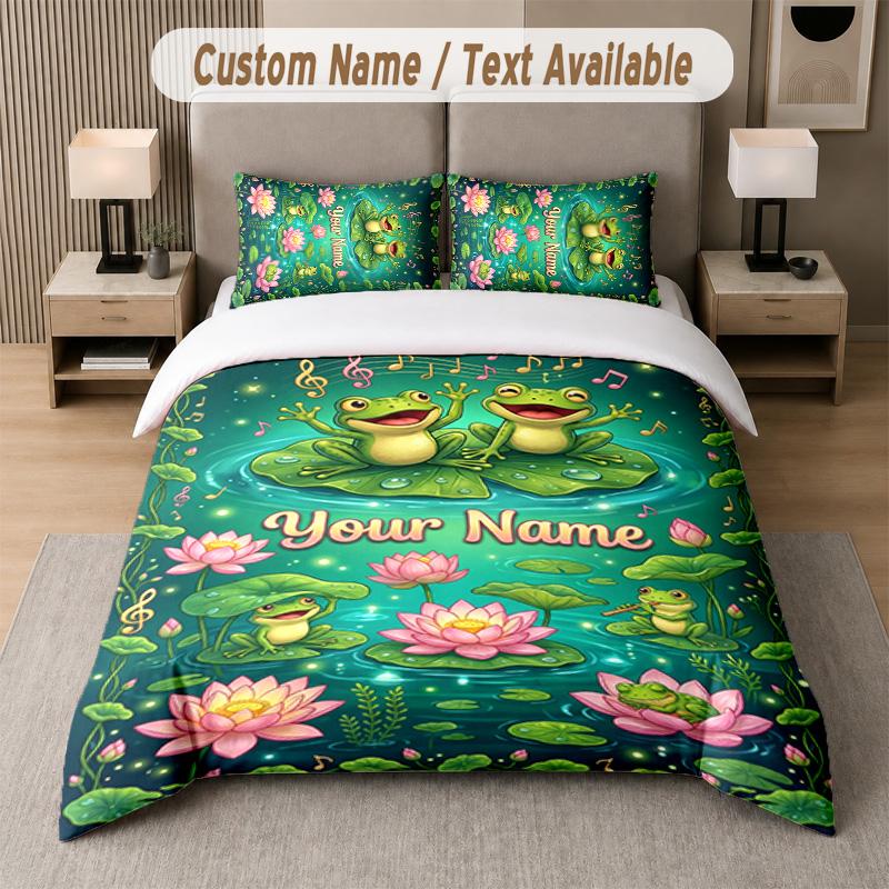 Frog Theme Custom Text Or Name 3Pcs Bedding Set 1 Flat Sheet & 2 Pillowcases Personalized Home Bedding