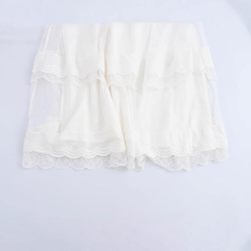 Spring 2025 Women's European & American Lace Trim Puff Midi Skirt