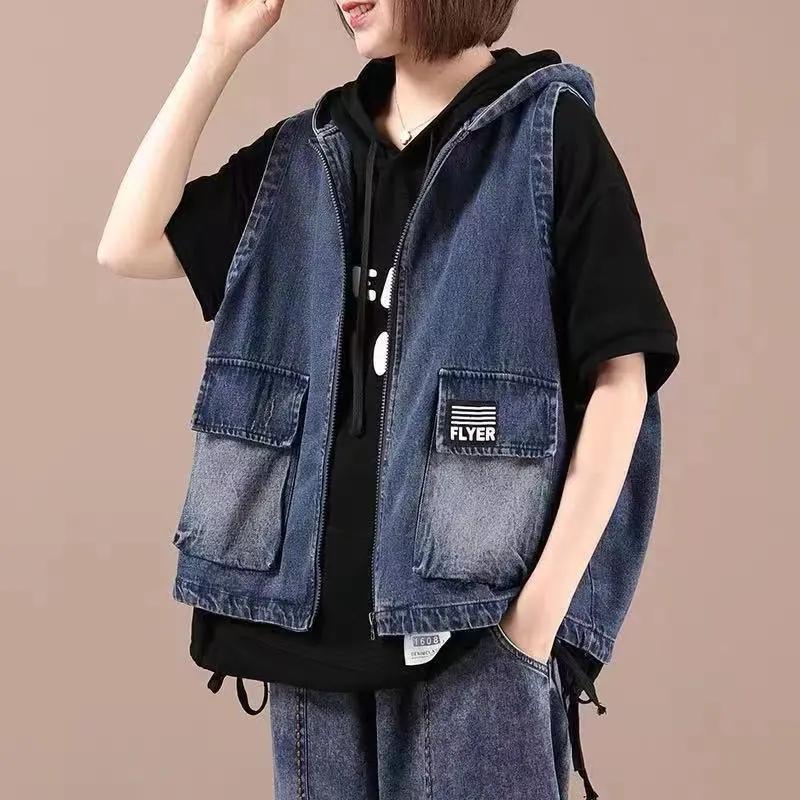 Women's Loose Hooded Literary Sleeveless Vest Spring Casual Washed Denim Jacket