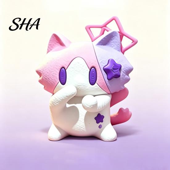 Playful Cat Decor with Stars Cute 3D Printed Figurine, Cartoon Desk Ornament Mouth Covering Figurine for Design, Compact Dancing Kitten Statue
