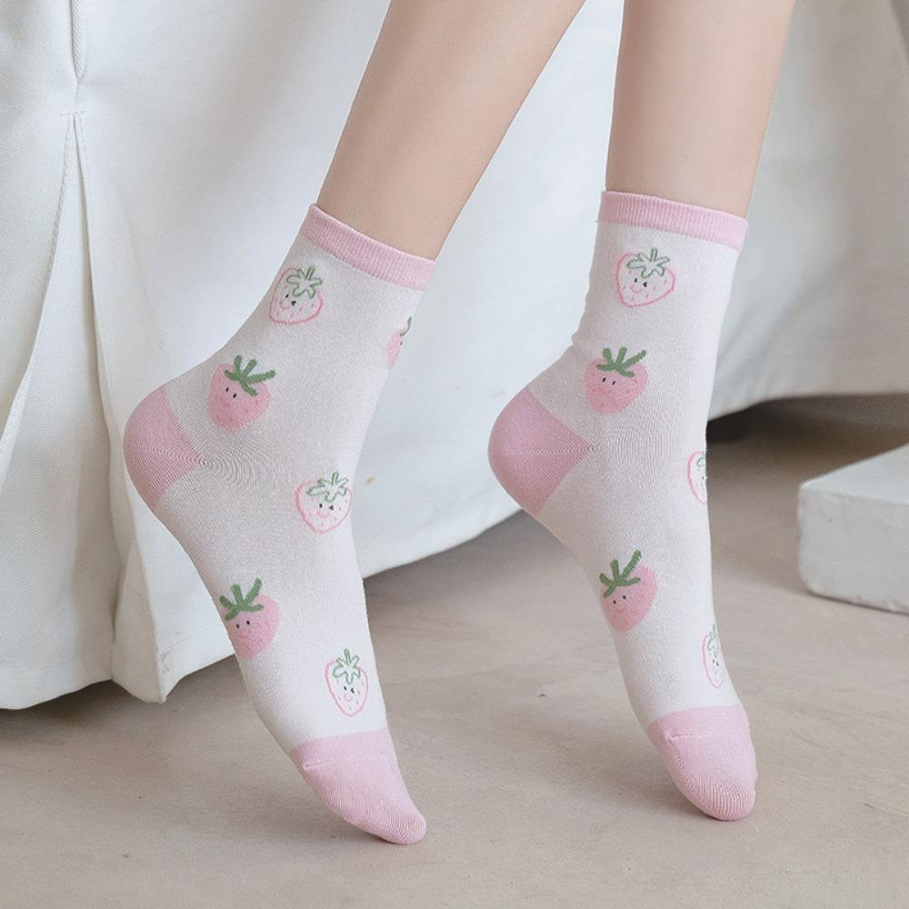 Breathable Women Cotton Socks Strawberry Milk Pattern Sports Socks High Quality Middle Tube Socks