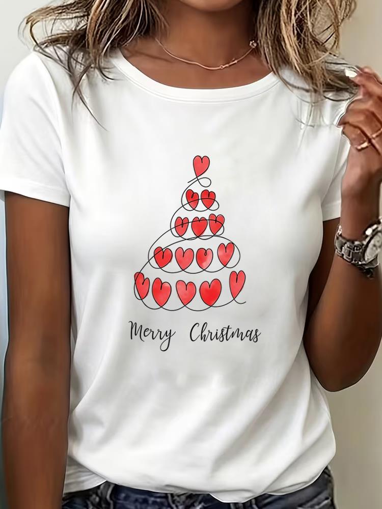 (Asian Size) watercolor tree Clothing New Year T Shirt Women Fashion Christmas Festival Tee Top Print Woman Short Sleeve Graphic T-shirts