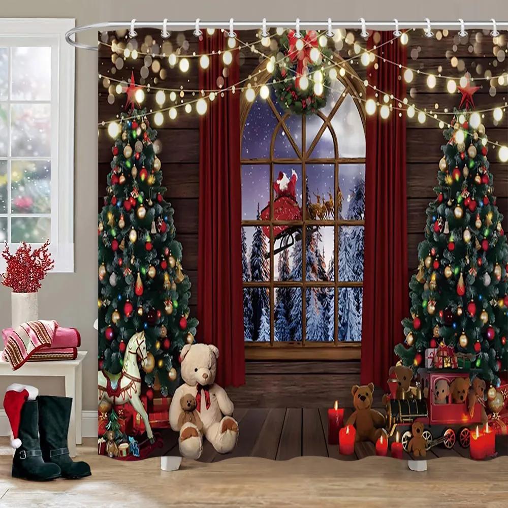 Рождественская вечеринка Шторы для душа Камин Рождественская елка и подарки Снеговик Снежная сцена Моющаяся штора для душа Искусство Декор для ванной
