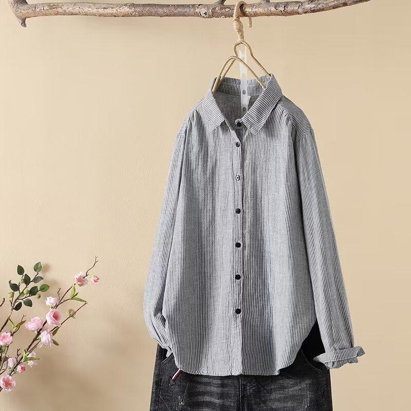 Рубашка в полоску из чистого хлопка в стиле ретро, женская двухслойная рубашка из хлопчатобумажной марли с длинными рукавами, универсальная рубашка на весну и осень, блузки и рубашки