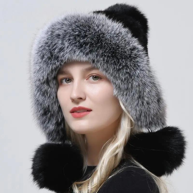 Шапки из натурального норкового меха, вязаная шапка с ушками, теплая снежная пушистая женская шапка из лисьего меха, роскошная женская шапка на открытом воздухе