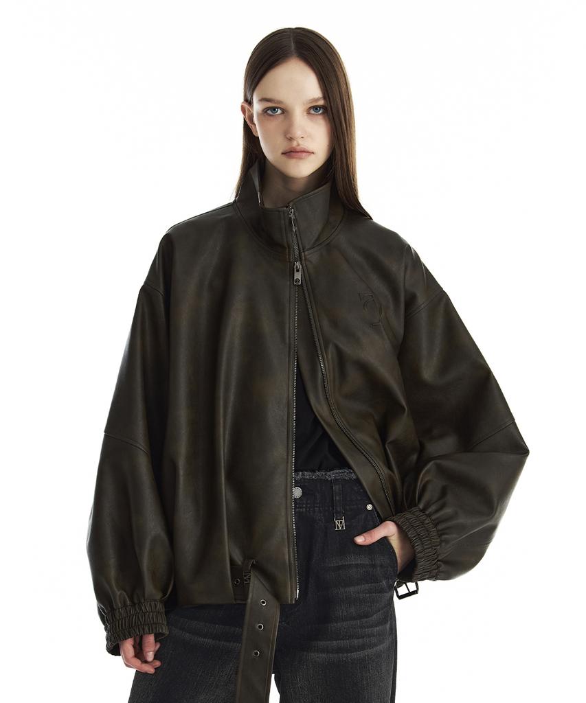Treemingbird Belted Oversized Leather Blouson [ Brown ]