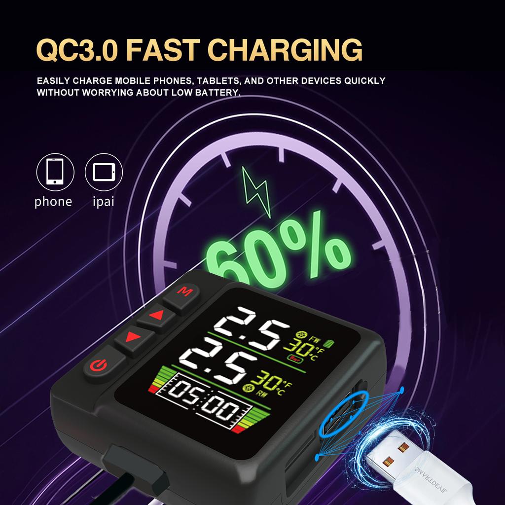 Мотоциклетные TPMS-мониторы давления в шинах, контроль температуры, сигнализация, часы с 2 внешними датчиками, быстрая зарядка через USB QC3.0