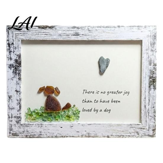 Dog Memorial Wall Hanging Handmade Sea Glass Framed Art Pet Picture Frame Gift for Loss Lover Sympathy Gift Coastal Art Decor Desk Ornament Memory