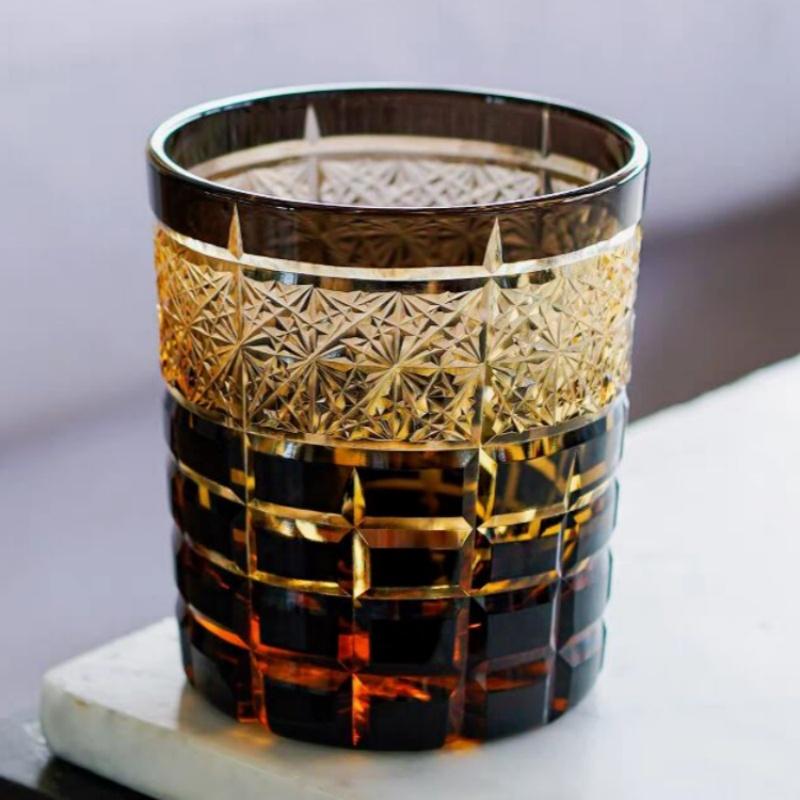 Handmade Japanese Style Edo Kiriko Whiskey Glass Tumbler Colored Hand Cut To Clear Glasses Color Tinted Old Fashioned Glasses