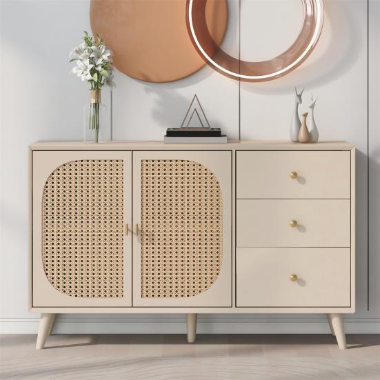 Kitchen Pantry Spacious Countertop TV Desk with 3 Drawers 2 Doors Storage Cabinet Ergonomic Handle Living Room Home Sideboard Dining Furniture Hutch