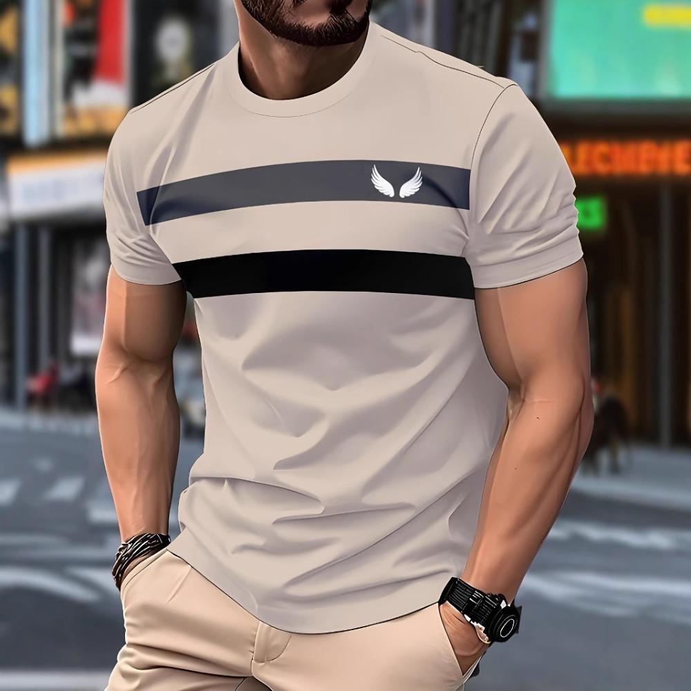 Minimally Striped 3D Digital Printed Men's Casual and Fashionable Round Neck Short Sleeved T-shirt
